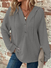 Waffle Knit Long Sleeve Drawstring Hooded Top