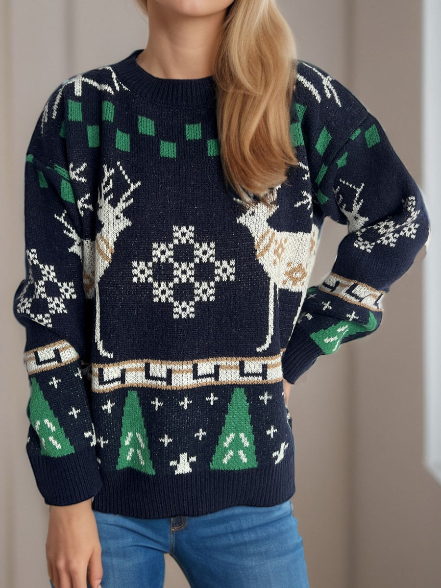 Christmas Element Round Neck Long Sleeve Sweater