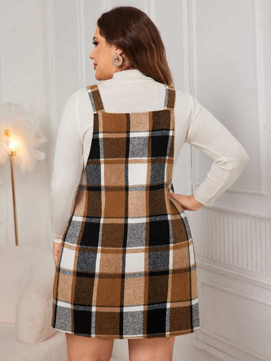 Plus Size Plaid Wide Strap Overall Dress