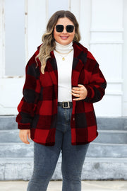 Plus Size Plaid Button Up Hooded Jacket