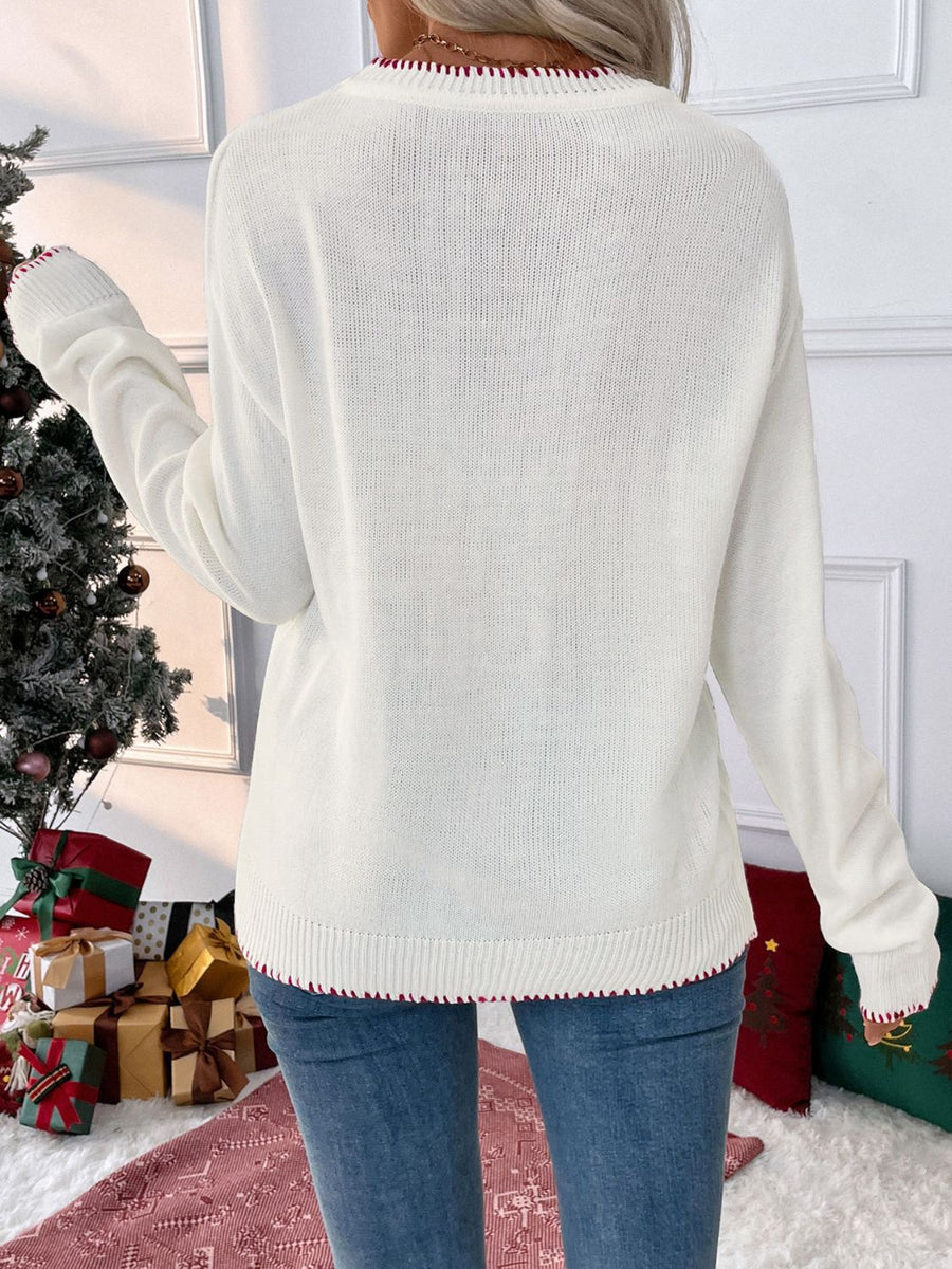 Perfee Bow Round Neck Long Sleeve Sweater