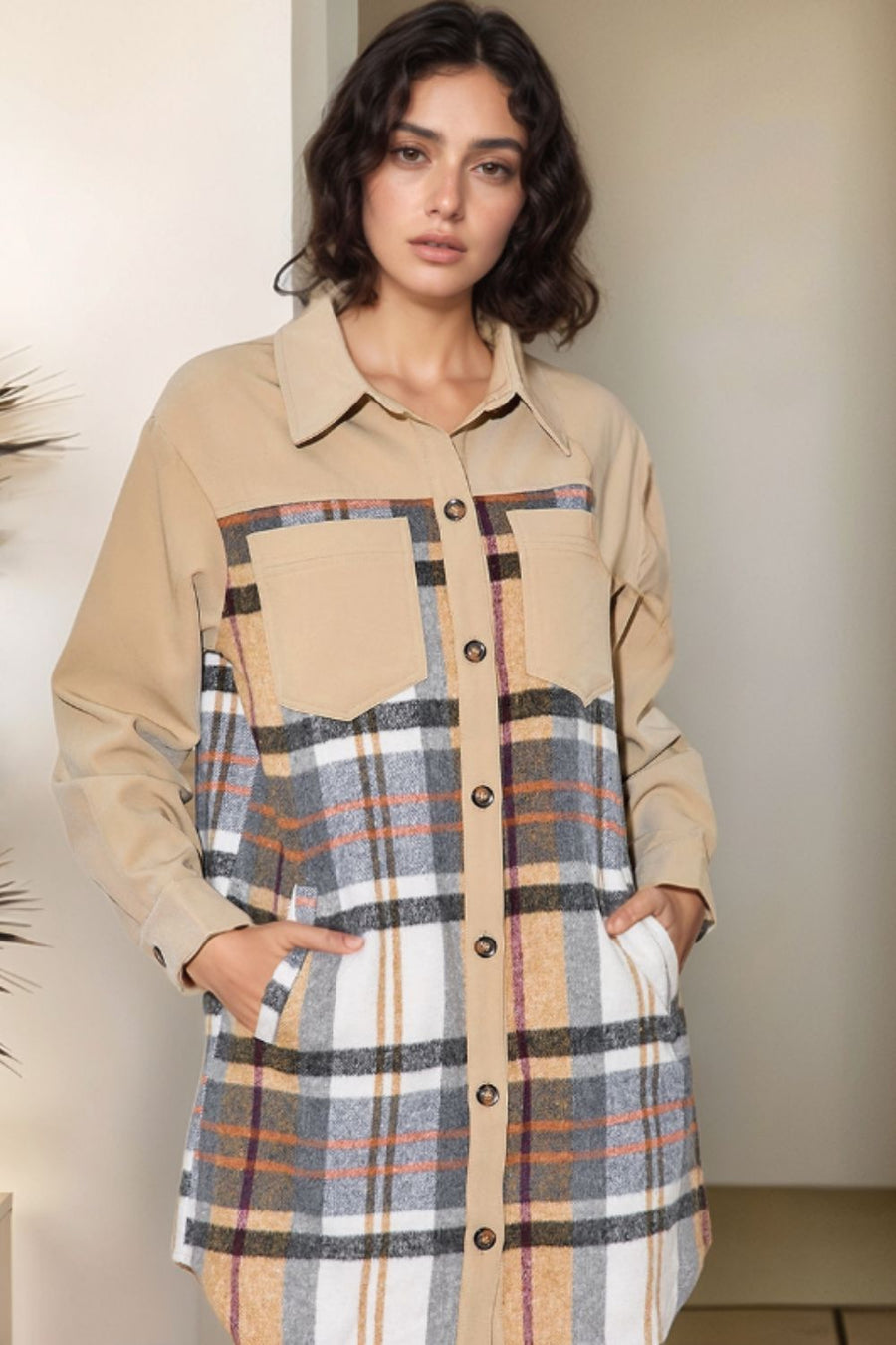 Pocketed Plaid Long Sleeve Mini Shirt Dress