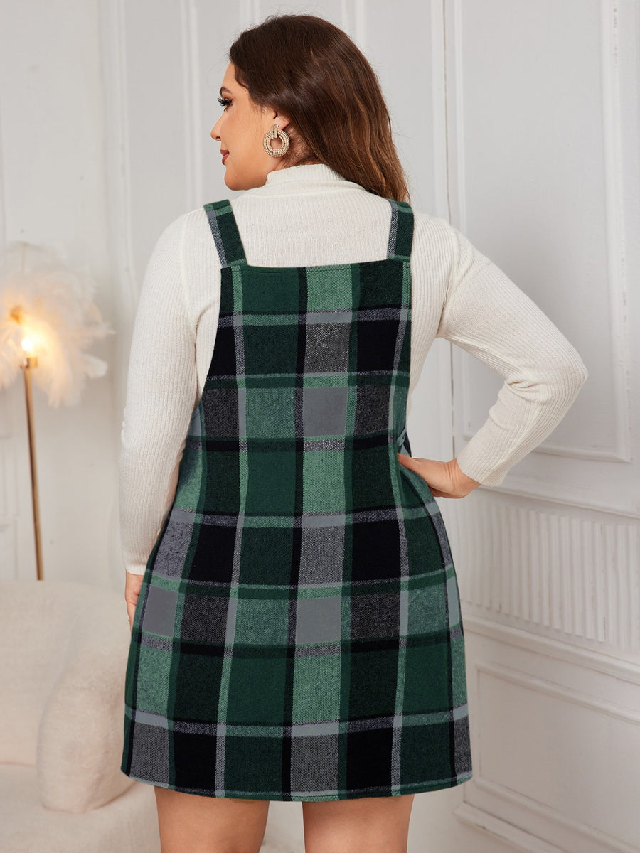 Plus Size Plaid Wide Strap Overall Dress