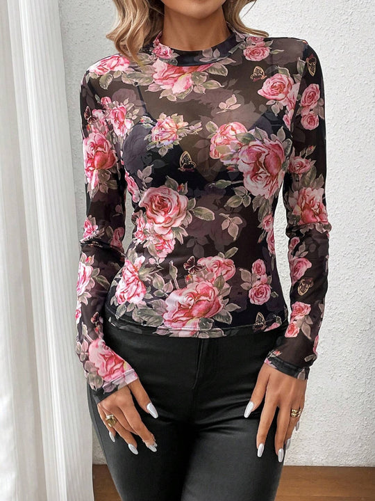 Mesh Floral Mock Neck Long Sleeve Top