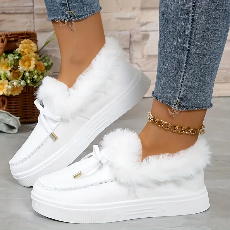 Bow Furry Round Toe Flat Slip-Ons