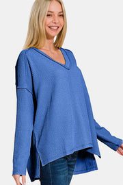 Zenana Texture Exposed Seam V-Neck Long Sleeve T-Shirt