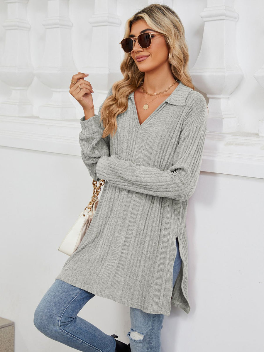 Slit Johnny Collar Long Sleeve T-Shirt