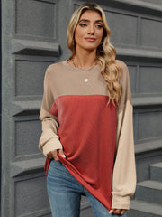 Double Take Contrast Round Neck Long Sleeve T-Shirt