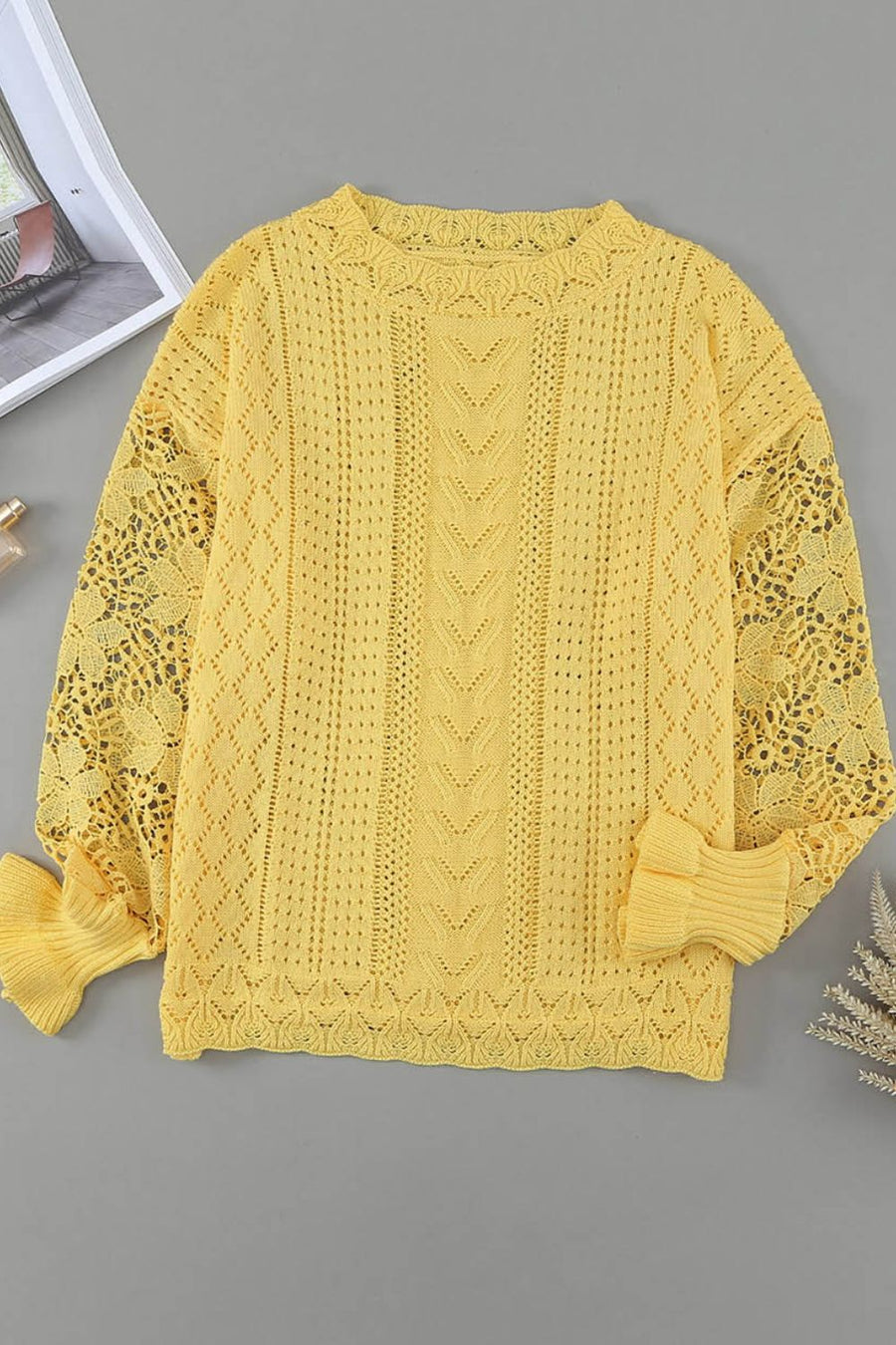 Openwork Round Neck Long Sleeve Sweater