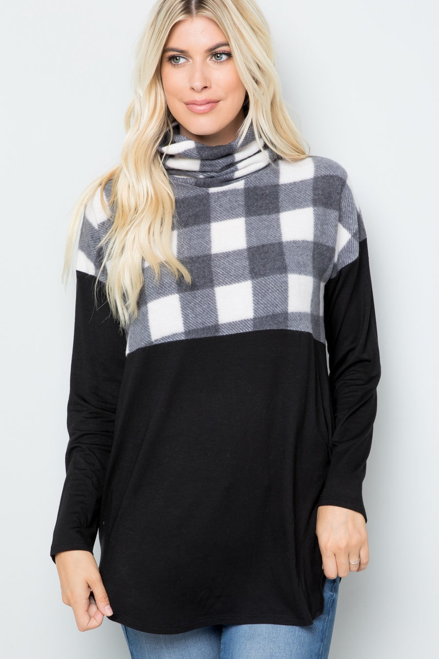 Celeste Full Szie Pocketed Plaid Turtleneck Long Sleeve Blouse