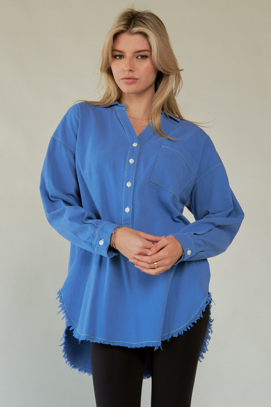 Davi & Dani Letter Back Raw Hem Half Button Shirt