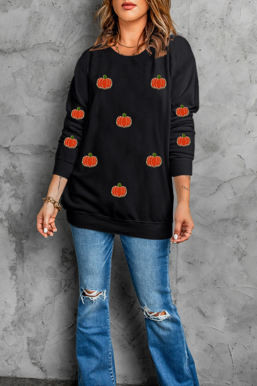 Pumpkin Round Neck Long Sleeve Sweatshirt