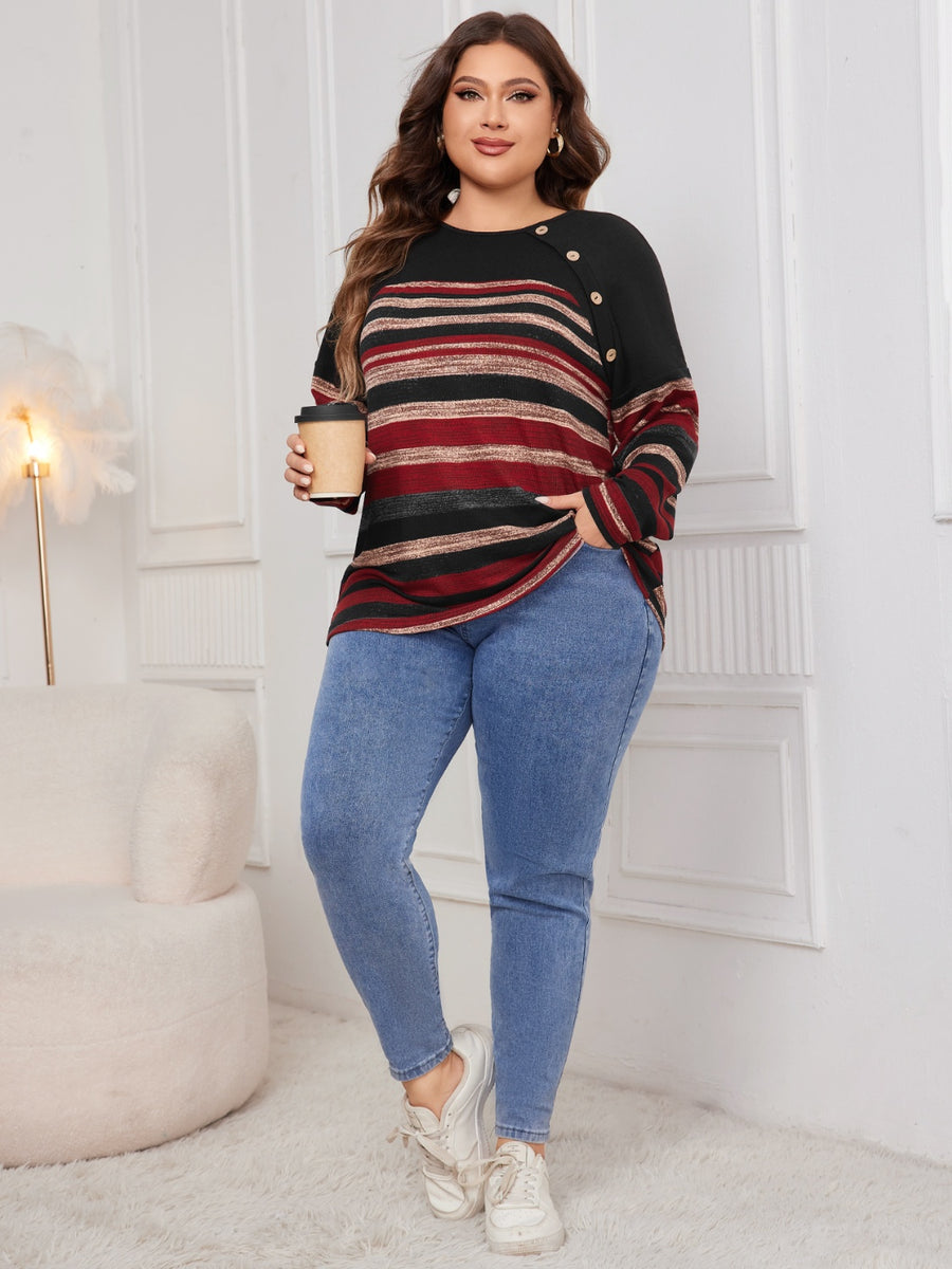 Plus Size Decorative Button Striped Round Neck Long Sleeve T-Shirt