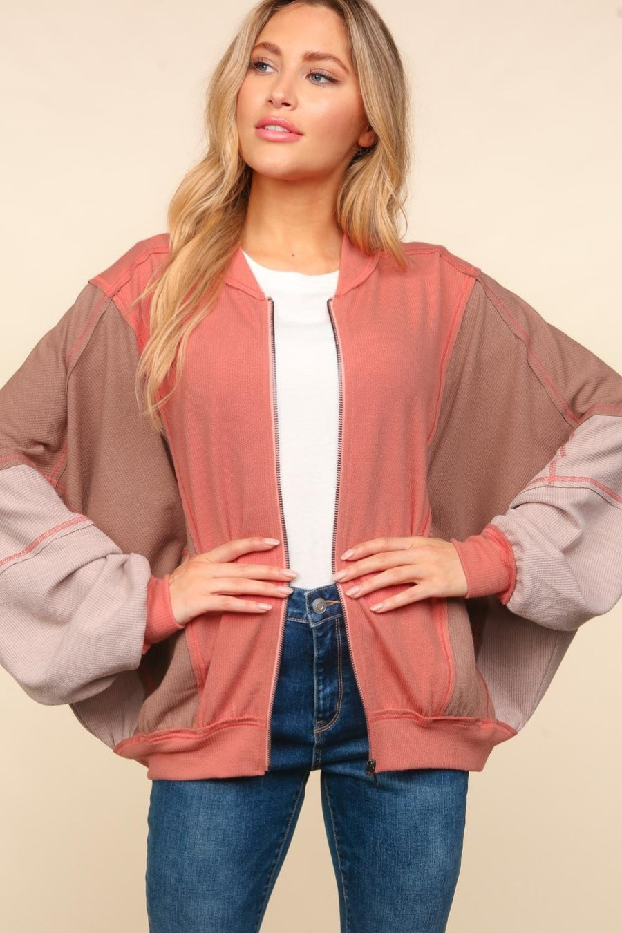 Haptics Zip Up Color Block Bomber Jacket with Side Pockets