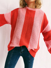 Color Block Round Neck Long Sleeve Sweater