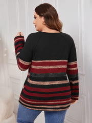 Plus Size Decorative Button Striped Round Neck Long Sleeve T-Shirt