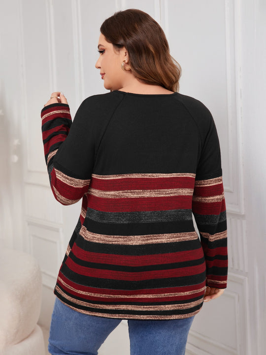 Plus Size Decorative Button Striped Round Neck Long Sleeve T-Shirt