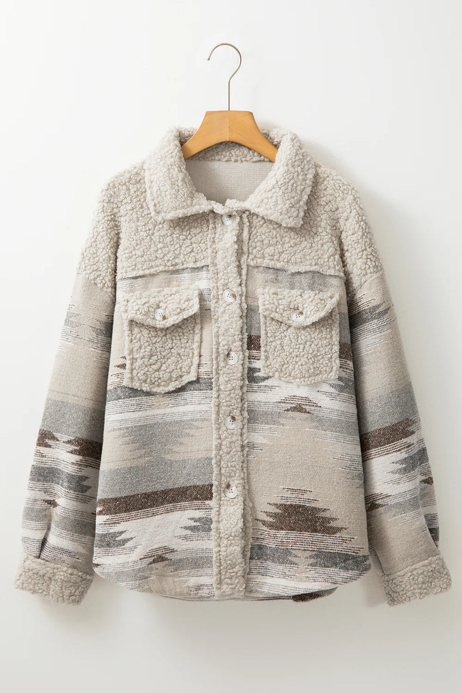 Geometric Button Up Long Sleep Fuzzy Jacket