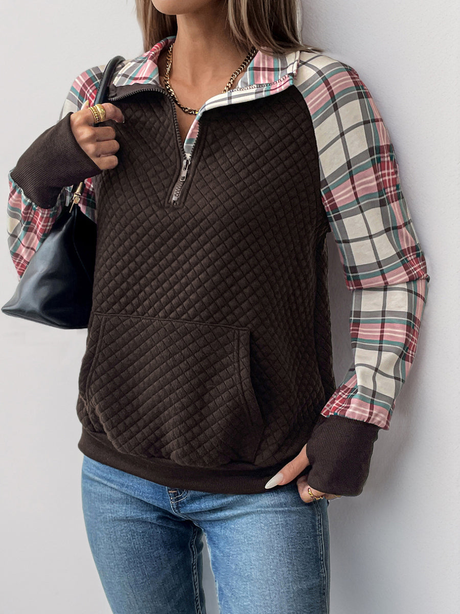 Perfee Plaid Half Zip Long Sleeve Sweatshirt