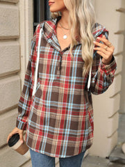 Drawstring Plaid Hooded Long Sleeve Top