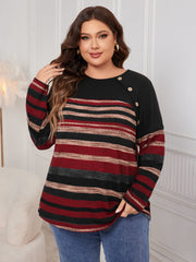 Plus Size Decorative Button Striped Round Neck Long Sleeve T-Shirt