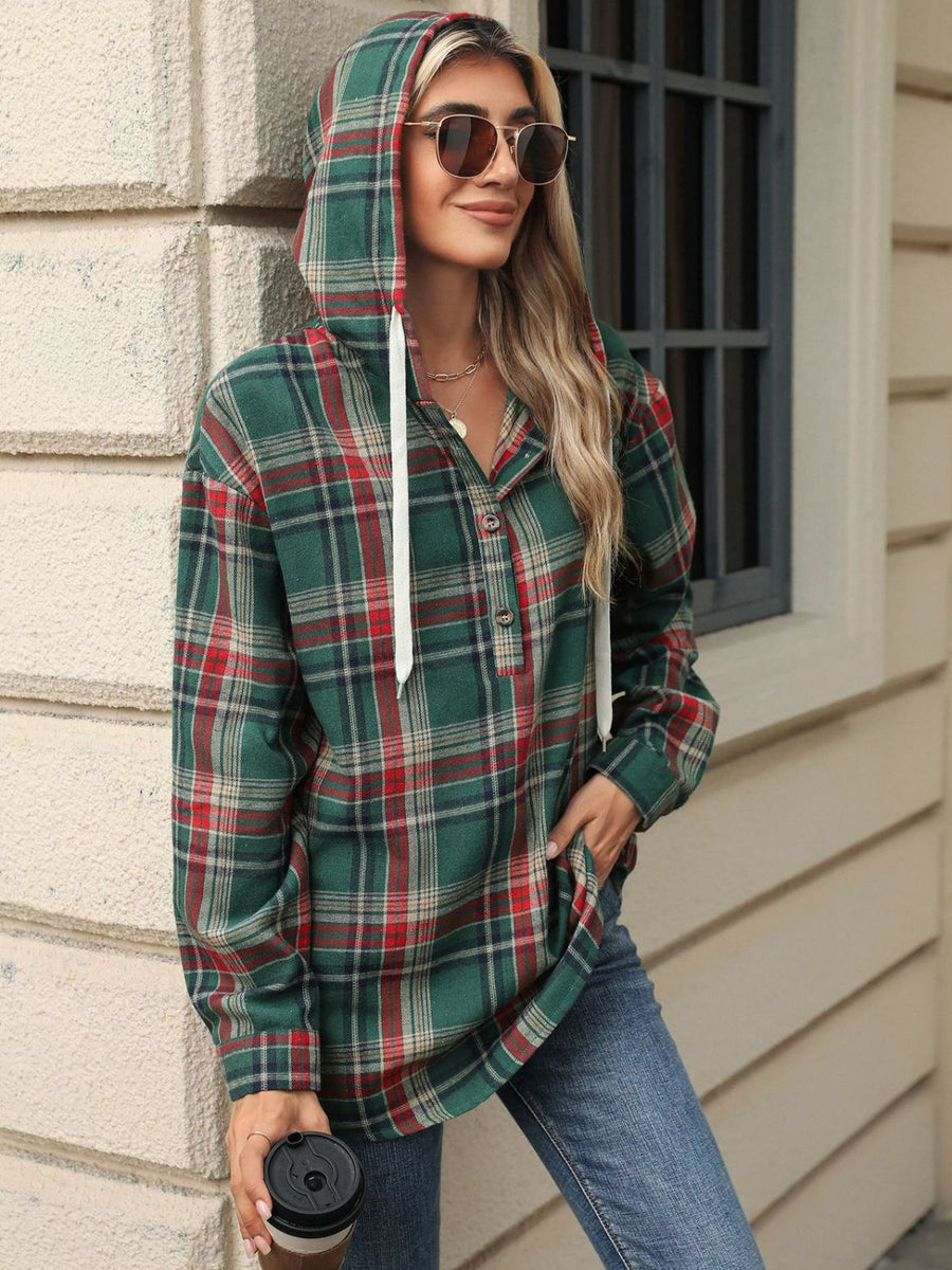 Drawstring Plaid Hooded Long Sleeve Top