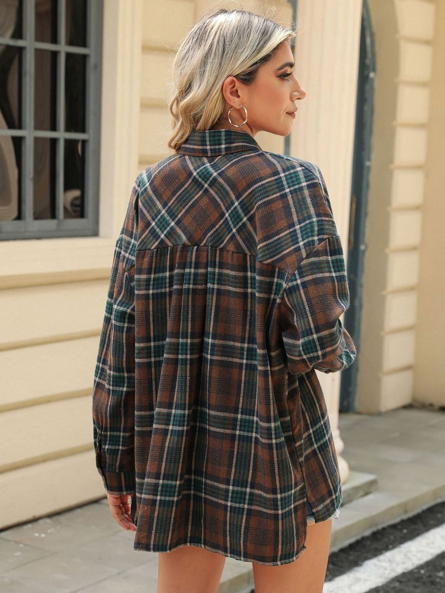 Pocketed Plaid Collared Neck Long Sleeve Shirt