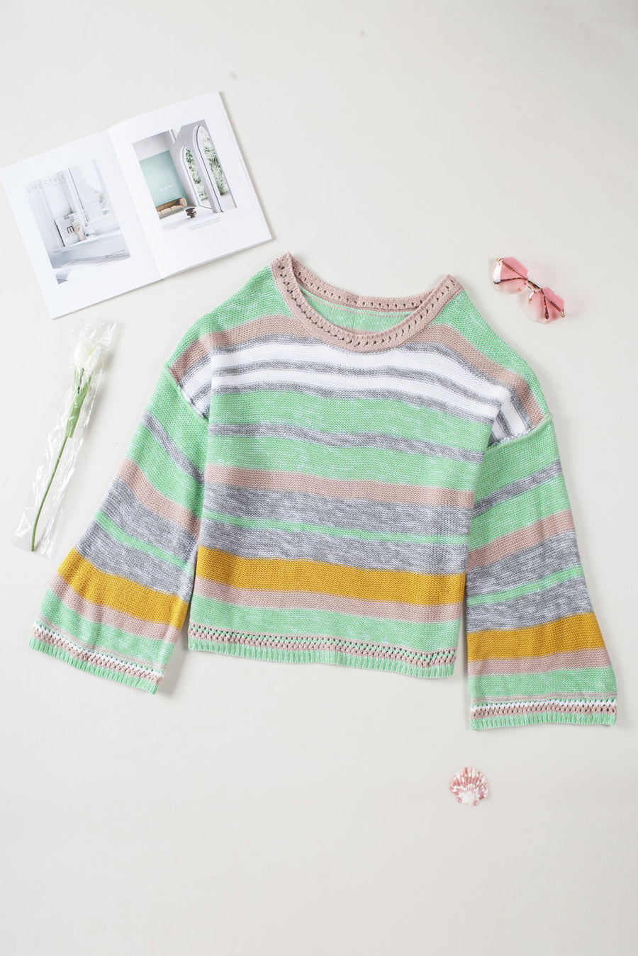 Contrast Striped Boat Neck Dropped Shoulder Sweater