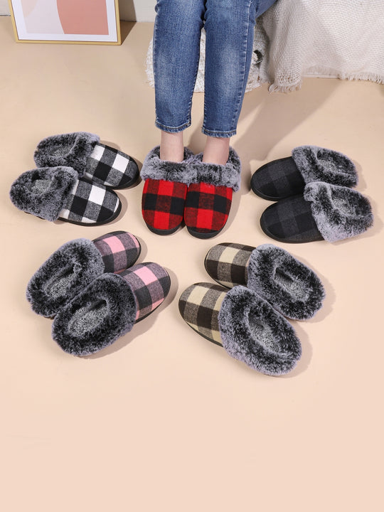 Plaid Furry Round Toe Flat Slippers