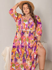 Plus Size Printed Tie Neck Maxi Dress