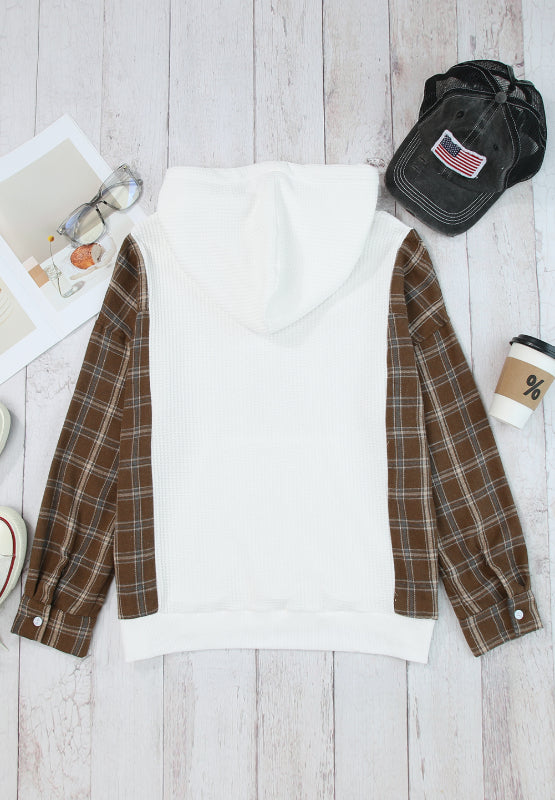 Waffle Knit Plaid Long Sleeve Kangaroo Pocket Hoodie