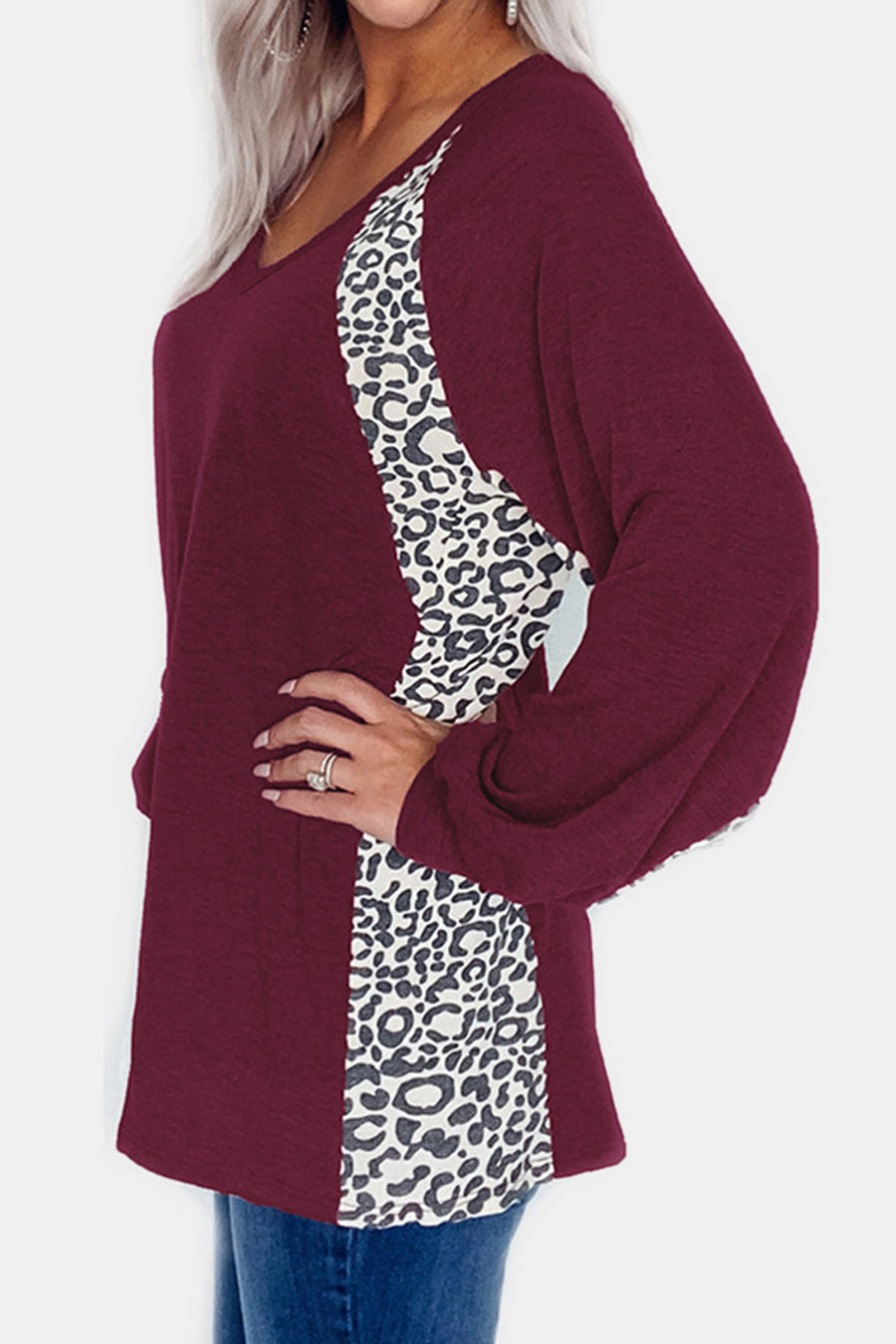 Full Size Leopard V-Neck Long Sleeve T-Shirt