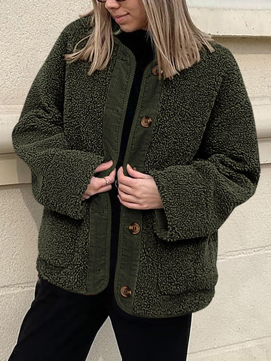 Contrast Button Up Sherpa Jacket with Pockets