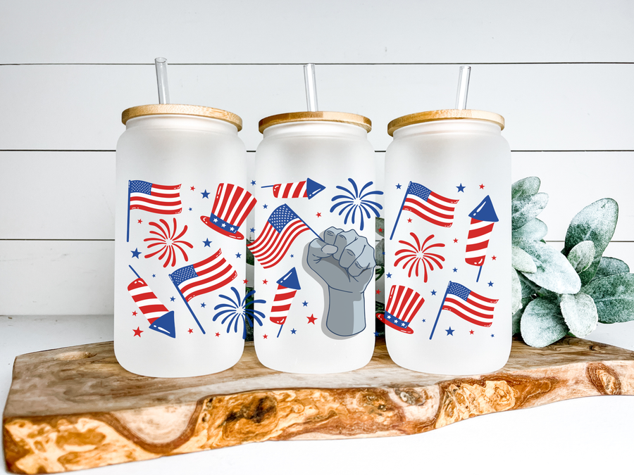 Hand Holding American Flag Glass Can Tumbler
