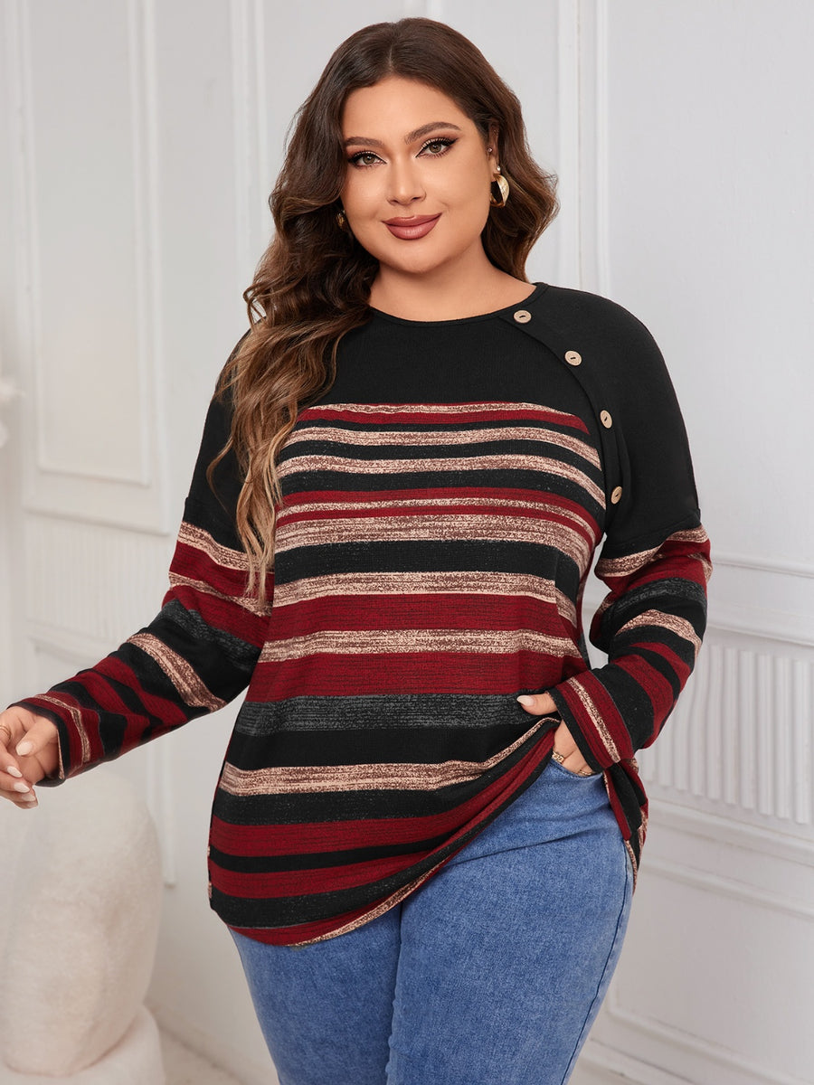 Plus Size Decorative Button Striped Round Neck Long Sleeve T-Shirt