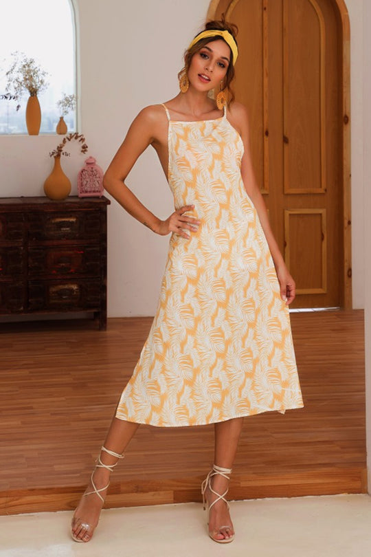 Slit Crisscross Printed Sleeveless Cami Dress
