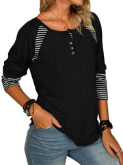 Full Size Striped Quarter Button Long Sleeve T-Shirt