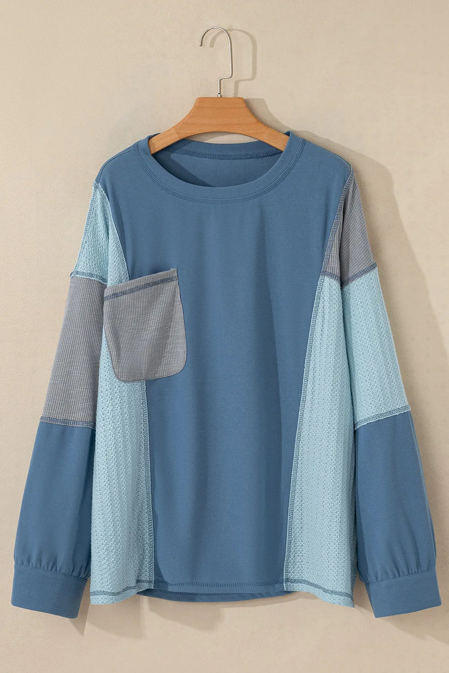 Patchwork Color Block Round Neck Long Sleeve Top