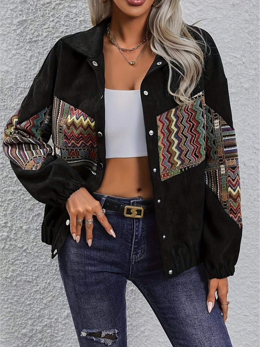 Embroidered Collared Neck Snap Down Jacket