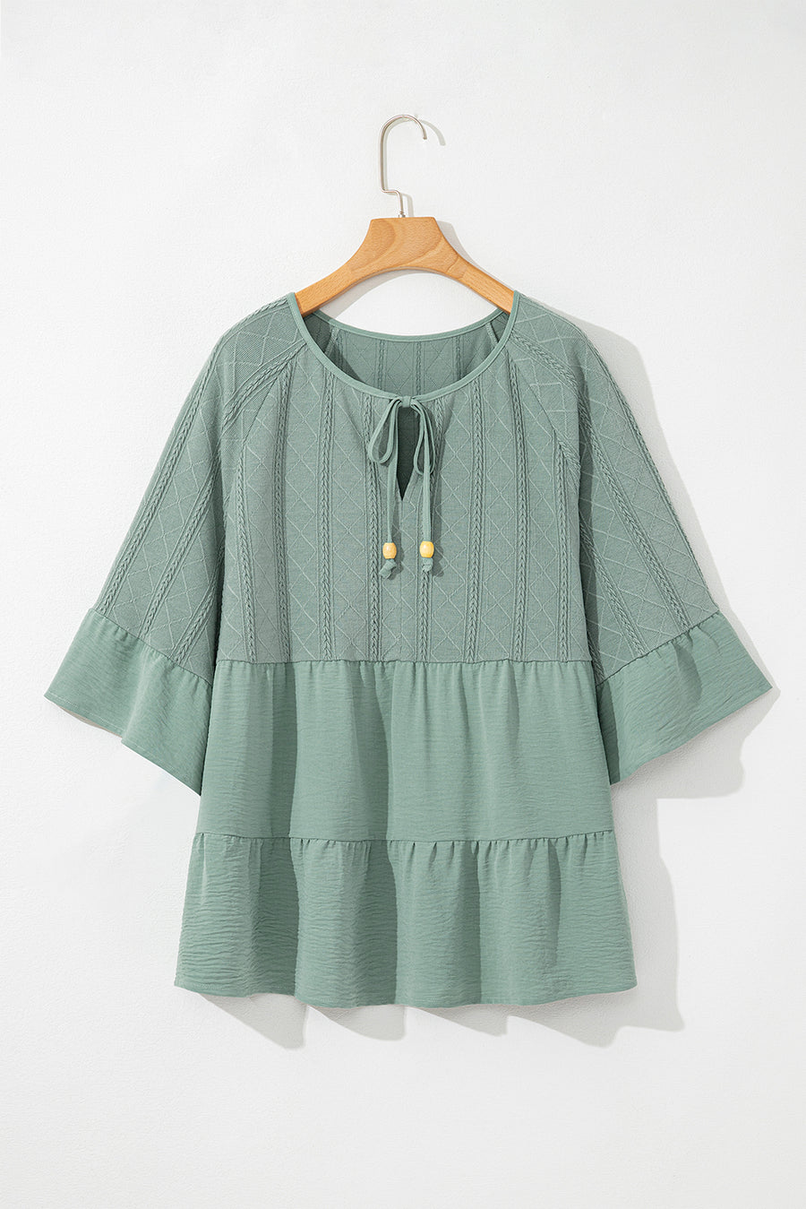 Ruffled Tie Neck Three-Quarter Sleeve Blouse