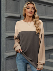 Double Take Contrast Round Neck Long Sleeve T-Shirt