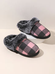 Plaid Furry Round Toe Flat Slippers