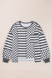 Checker & Stripes Round Neck Long Sleeve Blouse