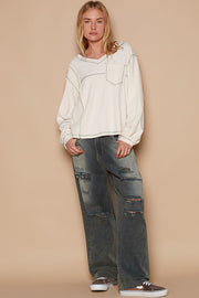 POL V-Neck knit Panel Exposed Seam Top