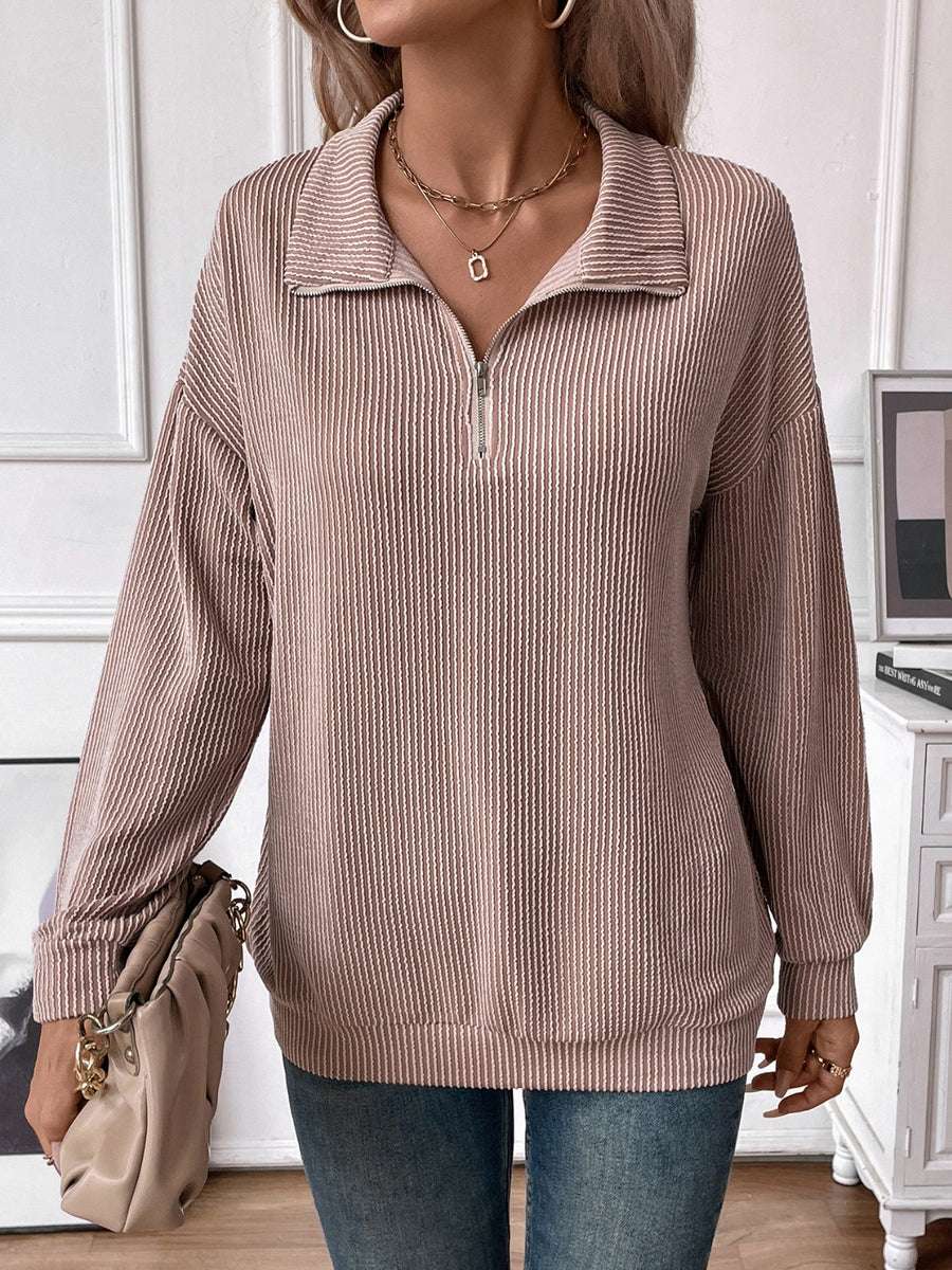 Double Take Striped Half Zip Long Sleeve T-Shirt