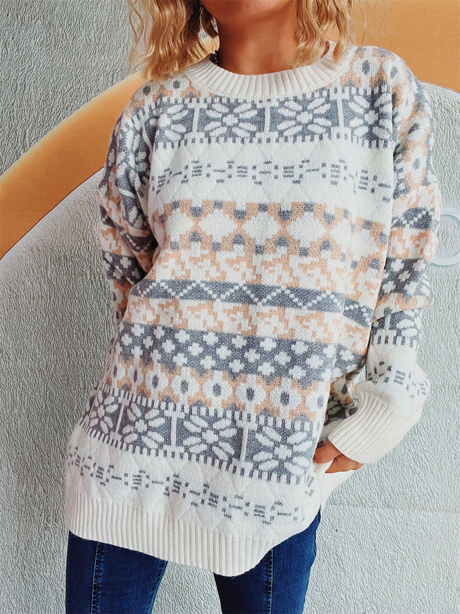 Geometric Round Neck Dropped Shoulder Sweater