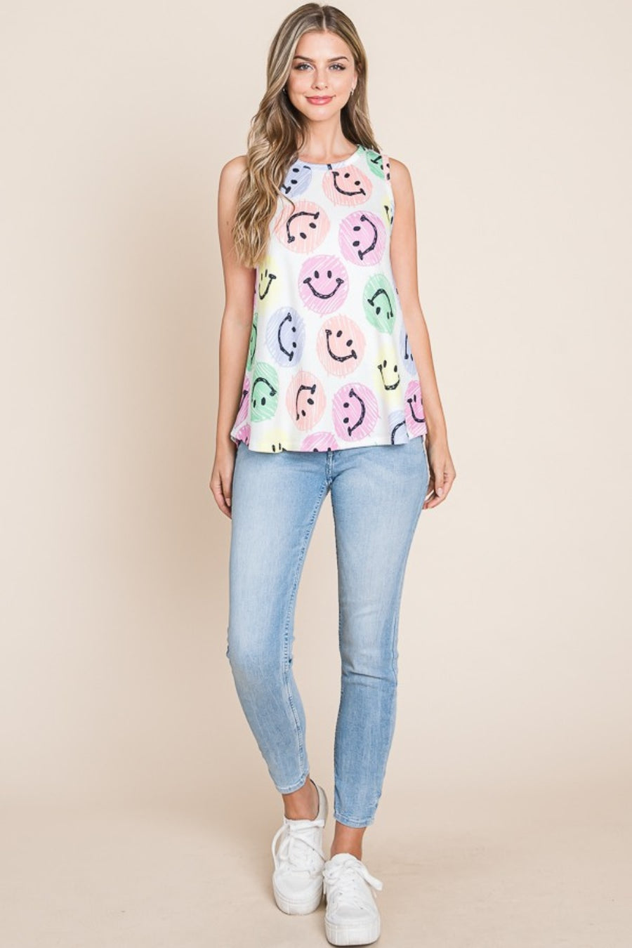 BOMBOM Smiley Face Round Neck Tank