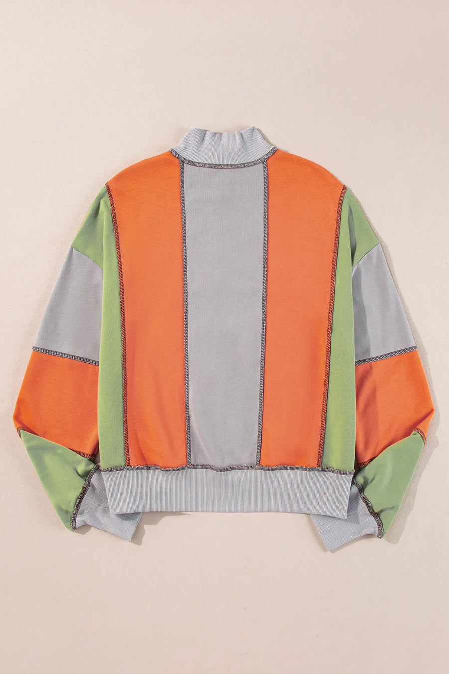 Full Size Exposed Seam Color Block Long Sleeve Sweatshirt