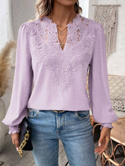 Swiss Dot Lace Detail Notched Long Sleeve Blouse