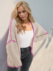 Double Take Contrast Open Front Dropped Shoulder Cardigan